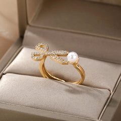 Scissor Pearl Cubic Zirconia 18K Gold Anti Tarnish Free Size Ring for Women