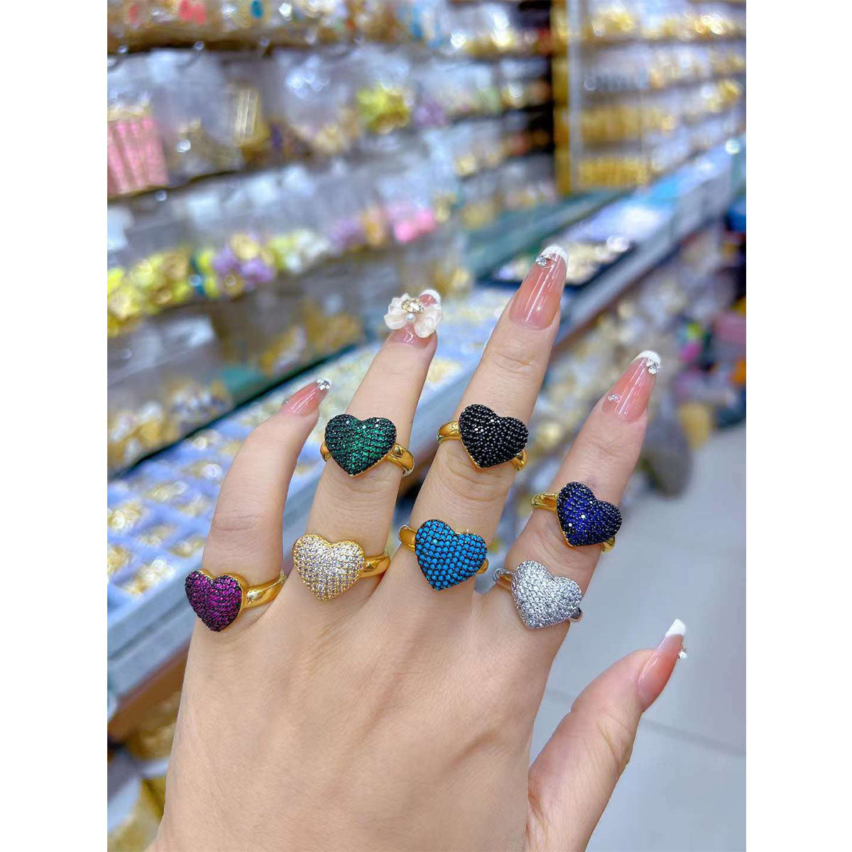 Love Heart Cubic Zirconia Black 18K Gold Anti Tarnish Adjustable Free Size Ring For Women