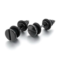 Punk Funky Screw Nail Stainless Steel Black Silver Stud Earring Pair