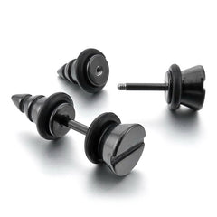 Punk Funky Screw Nail Stainless Steel Black Silver Stud Earring Pair