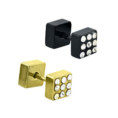 Stainless Steel 18K Gold Black Rhodium Cz Pierced Stud Earring Pair