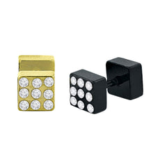 Stainless Steel 18K Gold Black Rhodium Cz Pierced Stud Earring Pair