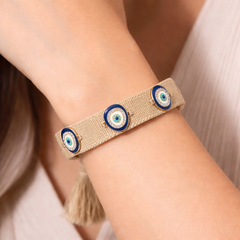 Gray Blue Evil Eye Gold Plated Rhinestone Thread Bracelet For Women