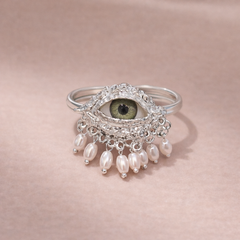 Evil Eye Gold Silver Pearl Beads Adjustable Fancy Ring