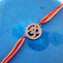 Spiritual Om Symbol Rose Gold Plated CZ Red Orange Thread Rakhi For Men