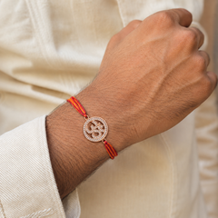 Spiritual Om Symbol Rose Gold Plated CZ Red Orange Thread Rakhi For Men