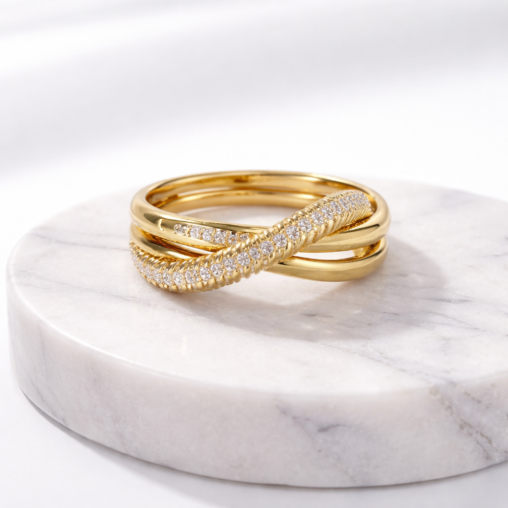 Criss Cross Style Gold CZ Copper Adjustable Fancy Ring