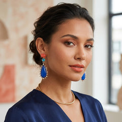 Multi Color Gemstone Gold Plated White CZ Teardrop Dangler Earrings