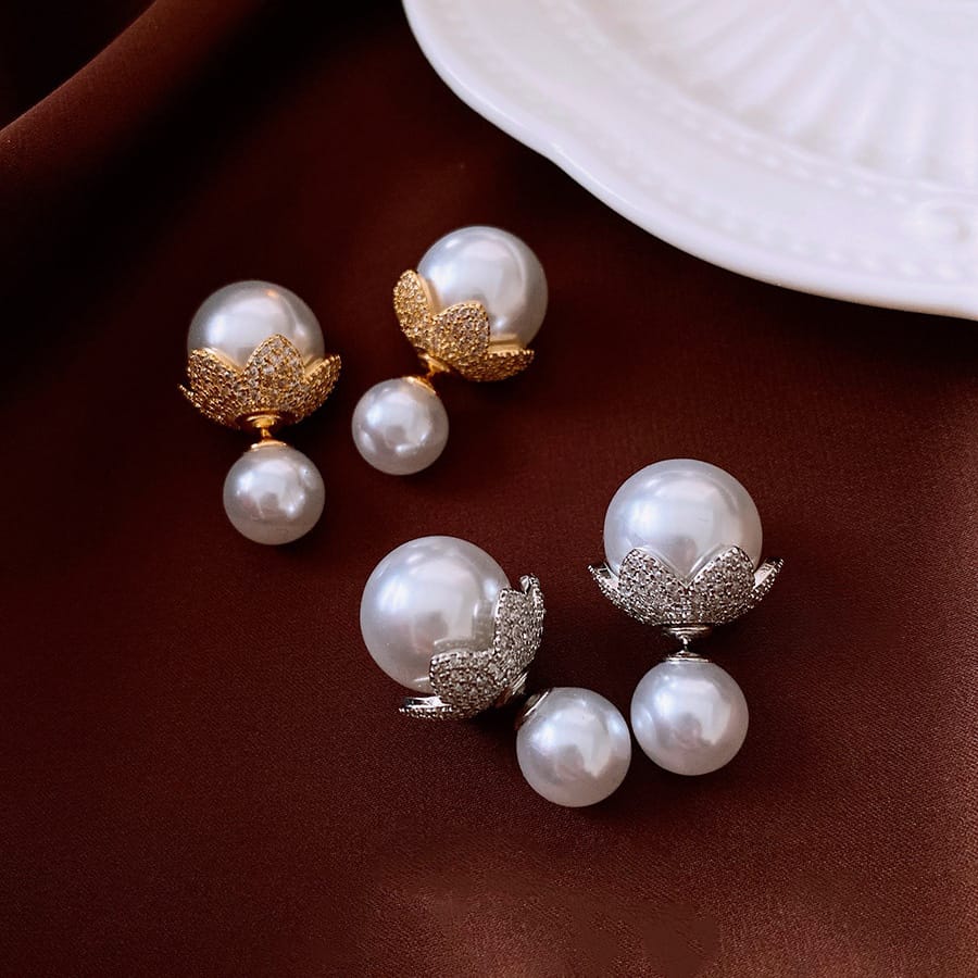 Flower Cubic Zirconia Pearl 18K Gold Silver White Anti Tarnish Stud Earring For Women