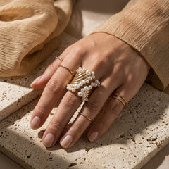 Luxury Gold Plated Twisted Rope Design Faux Pearl Copper Cocktail Ring
