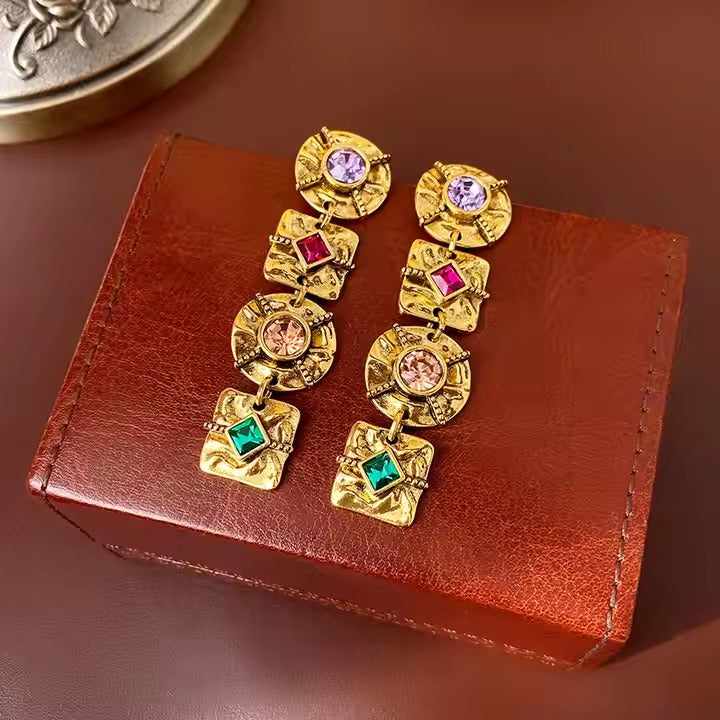 Square Round 18K Gold Cubic Zirconia Crytal Dangler Earring For Women