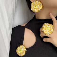 Wide Yellow Evil Eye Cubic Zirconia 18k Gold Stud Earring For Women