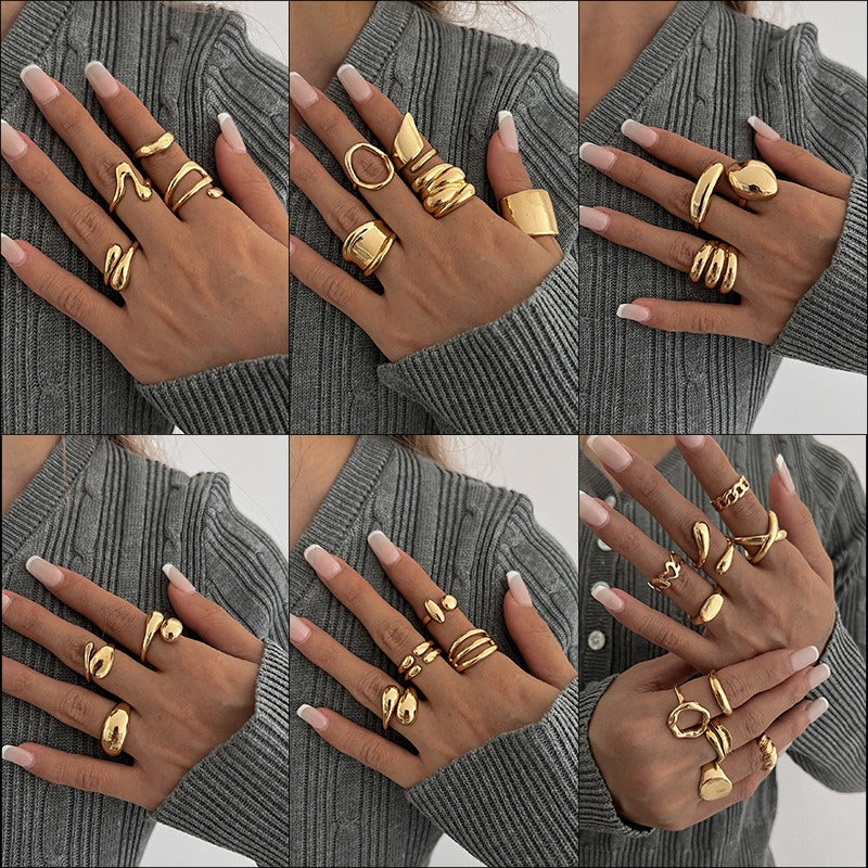 Glossy Geometric 18K Gold Plated Anti Tarnish Pack Of 10 Free Size Ring For Women
