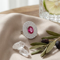 Ruby Pink Oval Silver Plated CZ Copper Anti Tarnish Cocktail Ring
