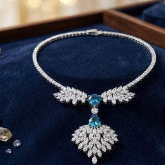 Luxury Blue Teardrop Floral Silver Plated CZ Anti Tarnish Copper Necklace
