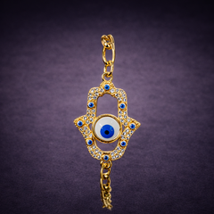 Blue White Hamsa Evil Eye Gold Plated CZ Anti Tarnish Copper Bracelet