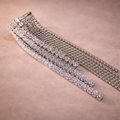 White Multi Chain Silver Rhinestone Ear Cuff Earrings