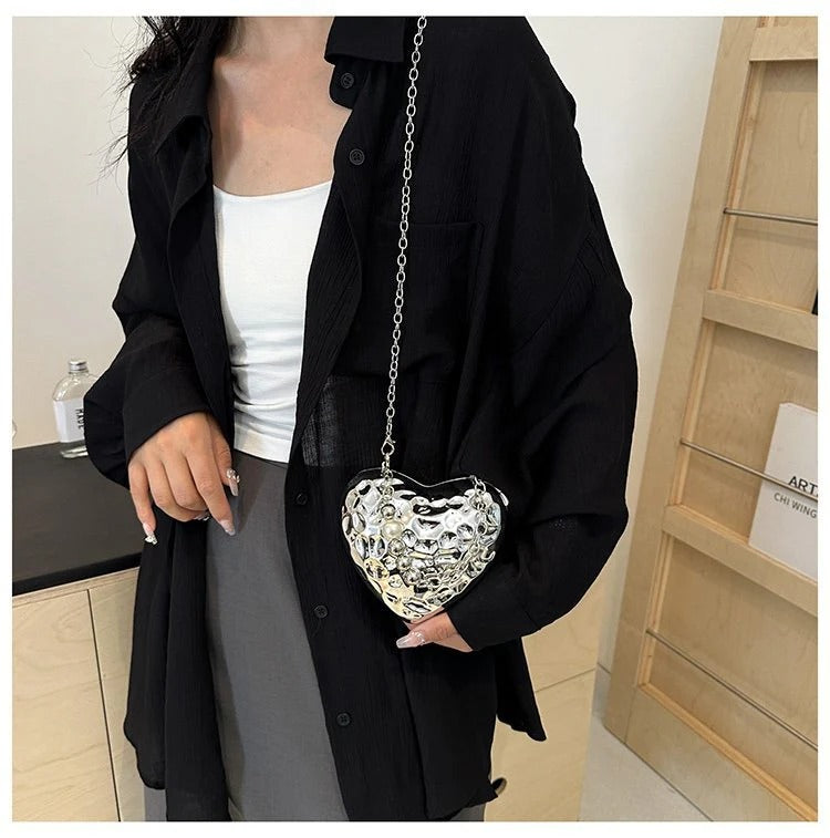 Beaten Finish Acrylic Heart Gold Silver Transparent Mini Bag Hand Bag Solder For Womenbang