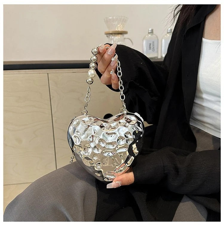 Beaten Finish Acrylic Heart Gold Silver Transparent Mini Bag Hand Bag Solder For Womenbang