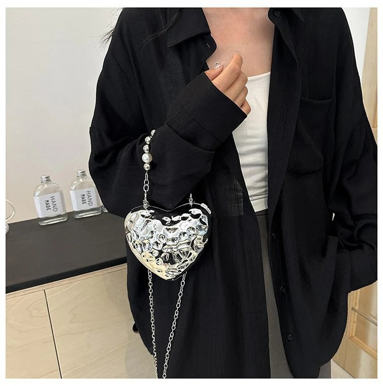 Beaten Finish Acrylic Heart Gold Silver Transparent Mini Bag Hand Bag Solder For Womenbang