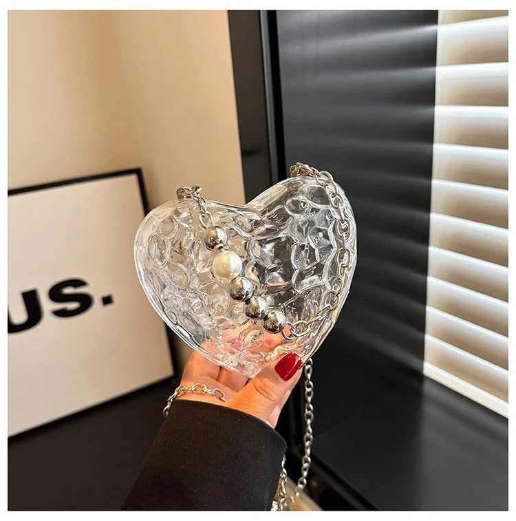 Beaten Finish Acrylic Heart Gold Silver Transparent Mini Bag Hand Bag Solder For Womenbang