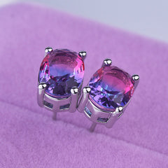 Oval Multi Gemstone Solitaire Cubic Zirconia Crystal Anti Tarnish Stud Earring For Women