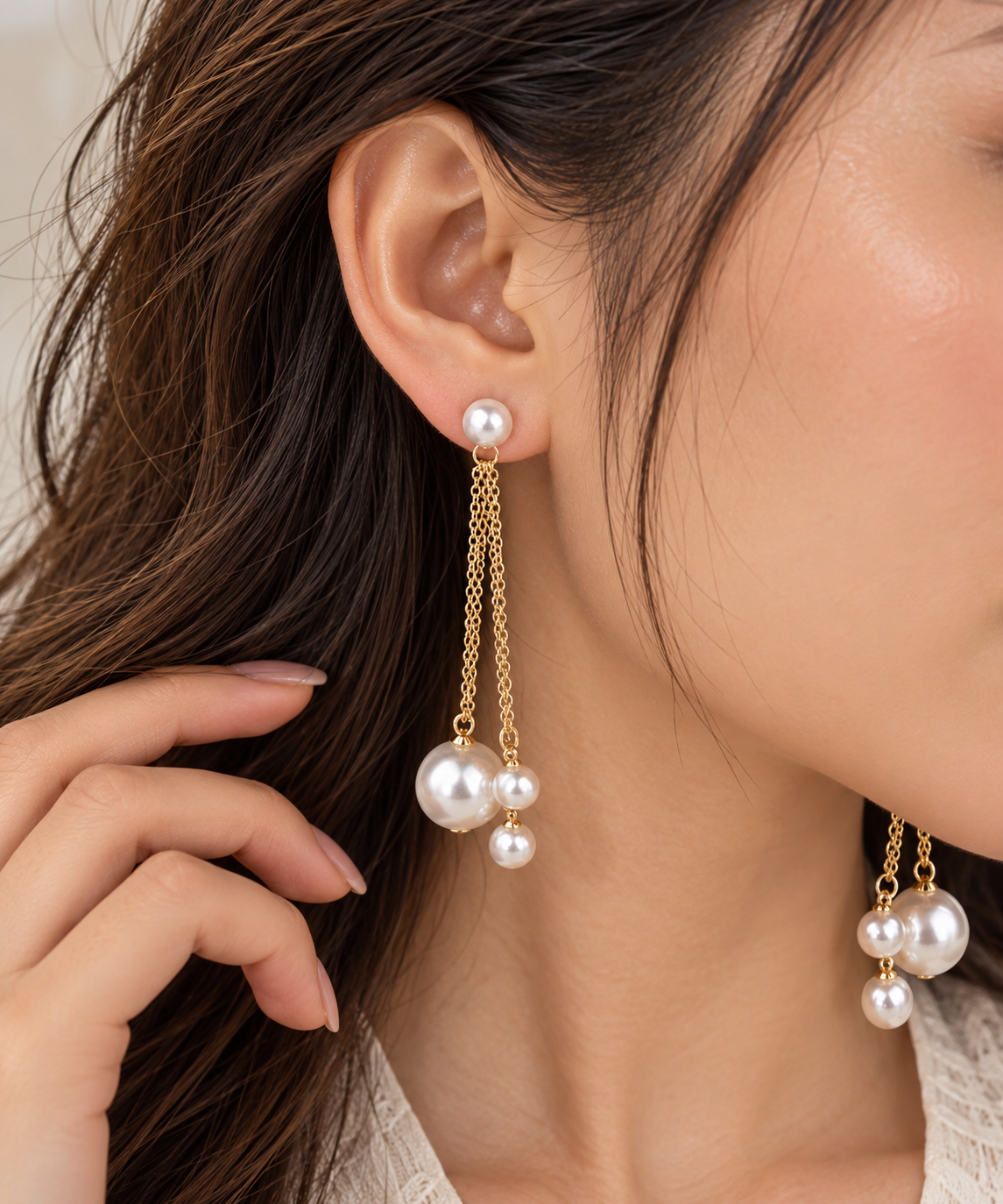 Elegant Gold Plated Long Chain Triple White Faux Pearl Dangler Earrings