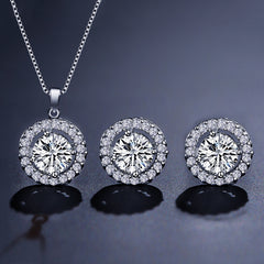 Luxury Round Halo Rose Silver Gold CZ Copper Necklace Earring Set