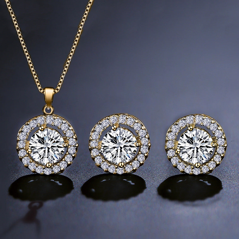 Luxury Round Halo Rose Silver Gold CZ Copper Necklace Earring Set