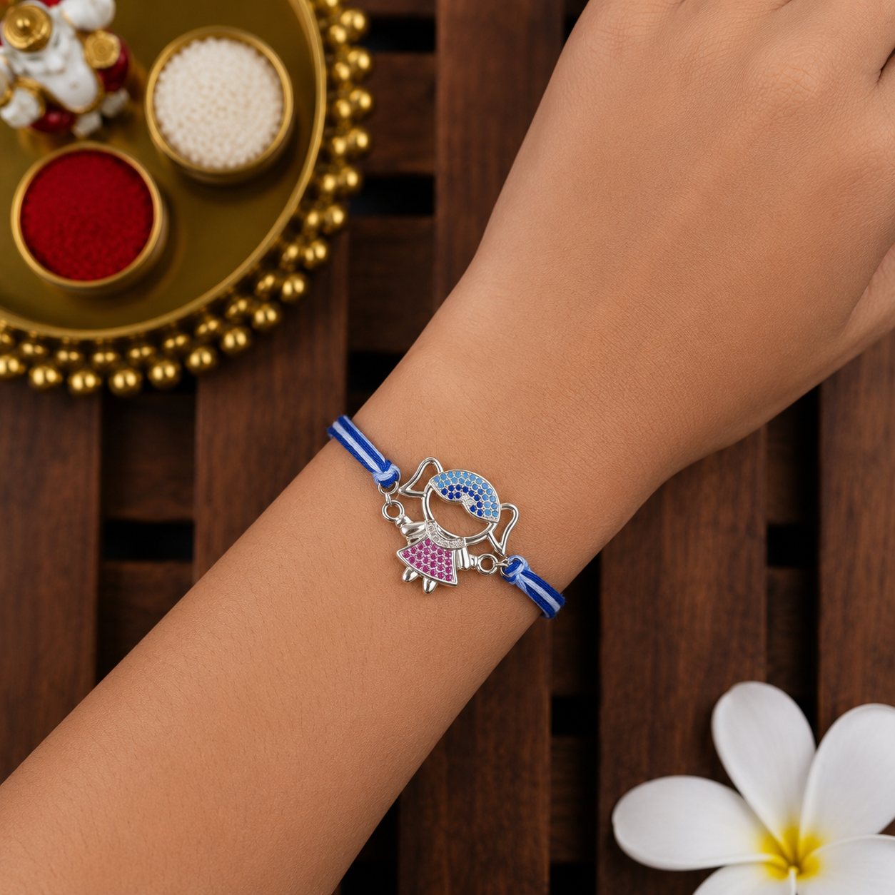 Cute Girl Charm Silver Plated CZ Blue White Thread Rakhi For Men