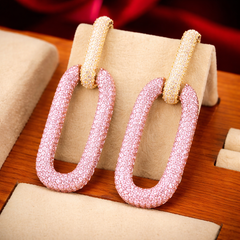 Purple Pink Rectangle Shape Gold Plated Cubic Zirconia Dangler Earrings