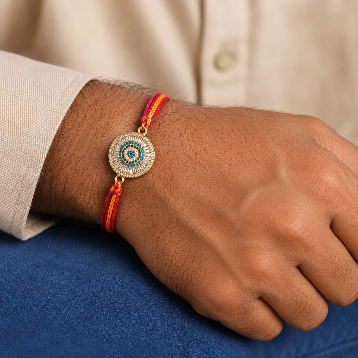 Blue White Round Evil Eye Gold Plated CZ Red Orange Thread Rakhi For Men