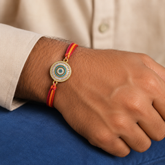 Blue White Round Evil Eye Gold Plated CZ Red Orange Thread Rakhi For Men