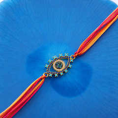 Designer Evil Eye CZ Turquoise Enamel Red Orange Thread Rakhi For Men