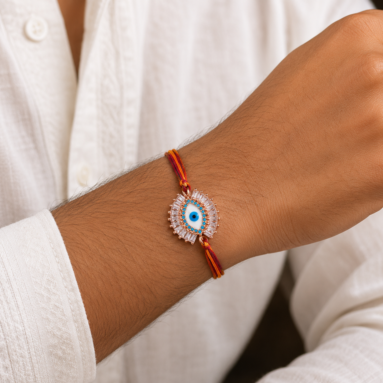 White Evil Eye Rose Gold Plated CZ Red Orange Thread Rakhi For Men