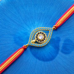Designer Evil Eye Gold Plated Blue Black CZ Red Orange Thread Rakhi