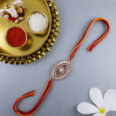 Oval Evil Eye Rose Gold Plated CZ Red Orange Thread Rakhi For Men