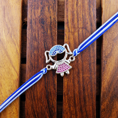 Cute Girl Charm Silver Plated CZ Blue White Thread Rakhi For Men