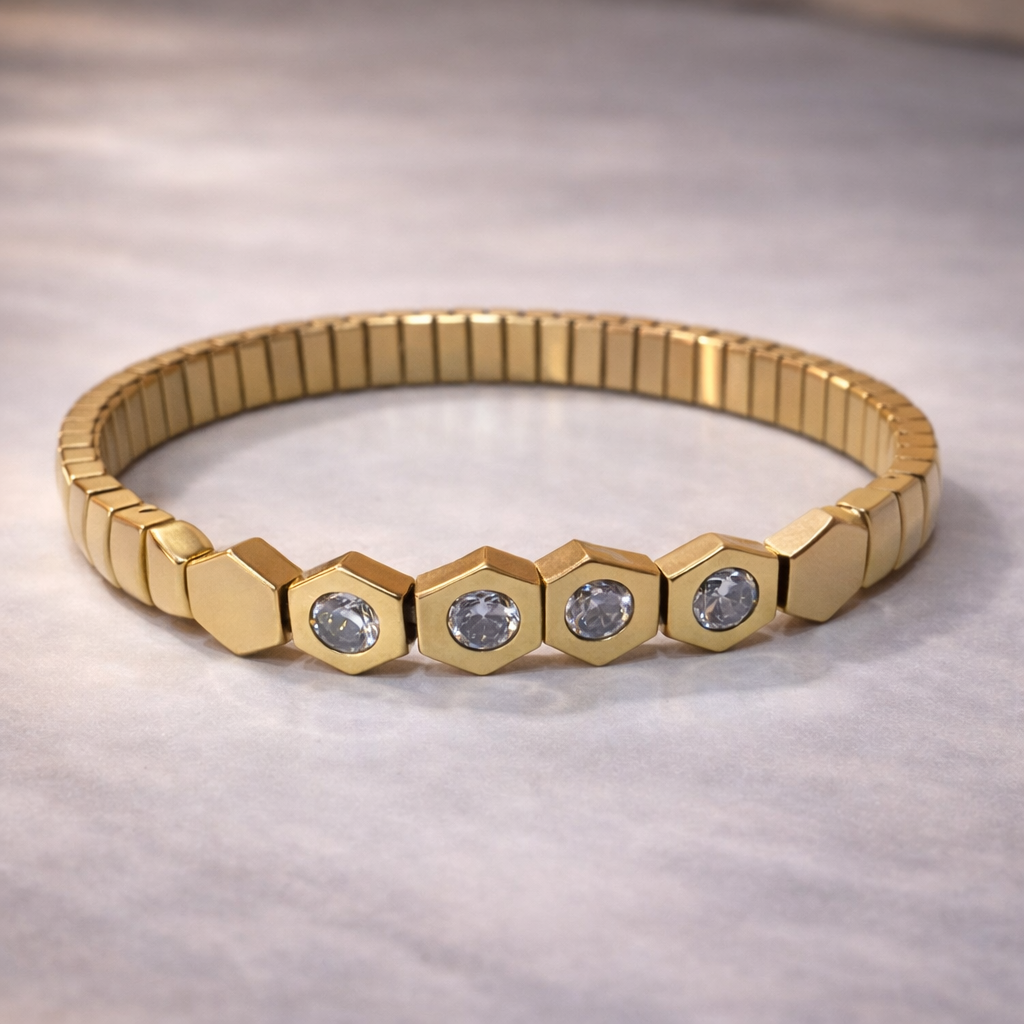 Stretchable Hexagon Gold CZ Anti Tarnish Stainless Steel Bracelet