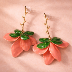Pink Green Flower Gold Plated Plain Alloy Dangler Earrings For Women