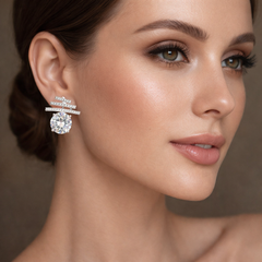 Designer Layered Bar Round Silver CZ Anti Tarnish Copper Stud Earrings