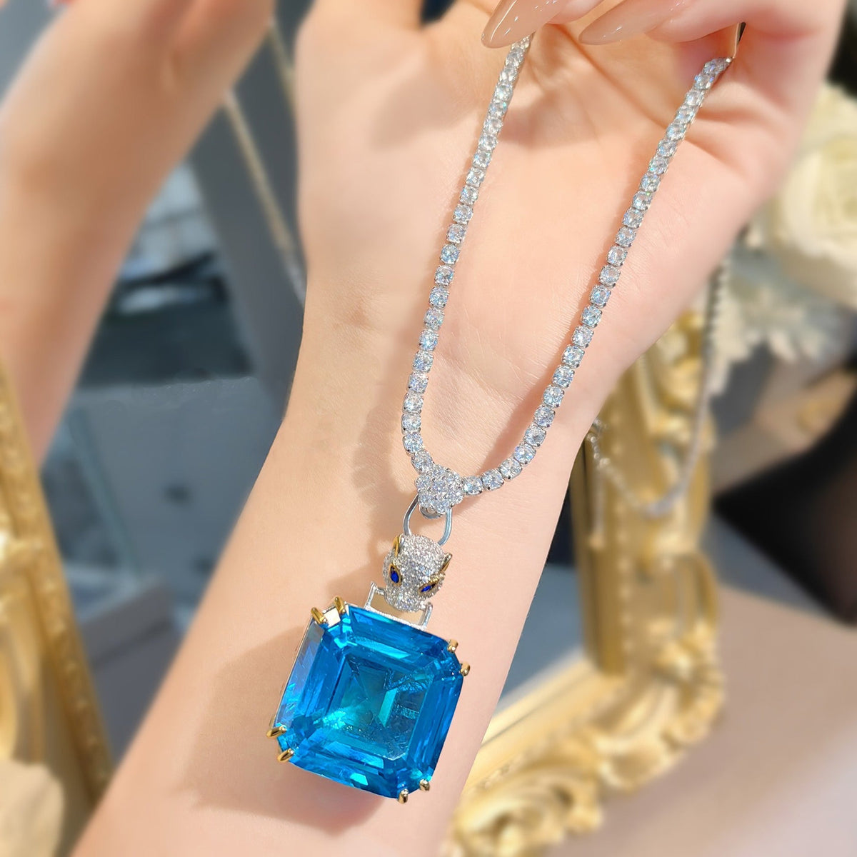 Panther Princess Cut Solitaire Pink Blue Yellow Silver Cubic Zirconia Anti Tarnish Necklace For Women