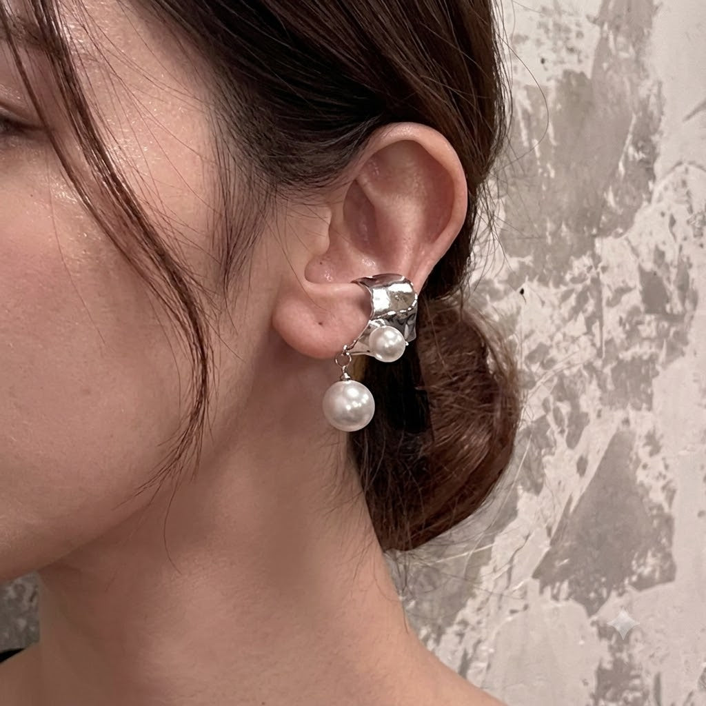 Luxury Silver Sculptural Pearl Copper Single Ear Cuff Earrings For Women