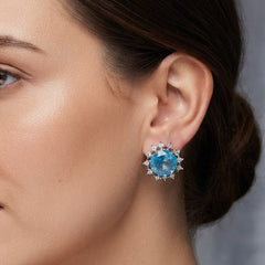 Elegant Oval Blue Silver Plated White CZ Copper Stud Earrings & Ring Set