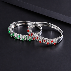 Green Red Designer Style Silver CZ Anti Tarnish Brass Cuff & Kada