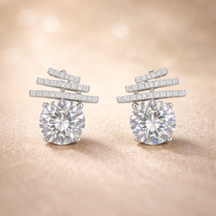Designer Layered Bar Round Silver CZ Anti Tarnish Copper Stud Earrings