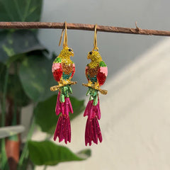 Multi Color Parrot Gold Enamel Dangler Earrings For Women
