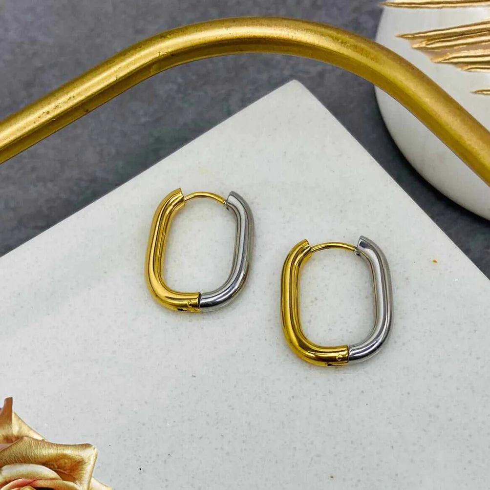 Oval Two Tone 18K Gold Anti Tarnish Hoop Bali Earring For Women