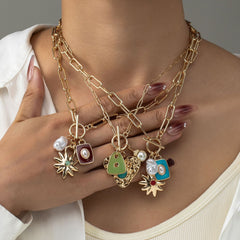 Star Sun 18K Gold Blue Pearl Enamel Anti Tarnish Link Chain Necklace For Women