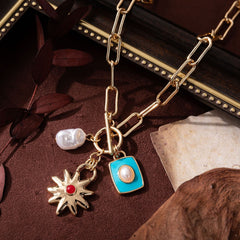 Star Sun 18K Gold Blue Pearl Enamel Anti Tarnish Link Chain Necklace For Women